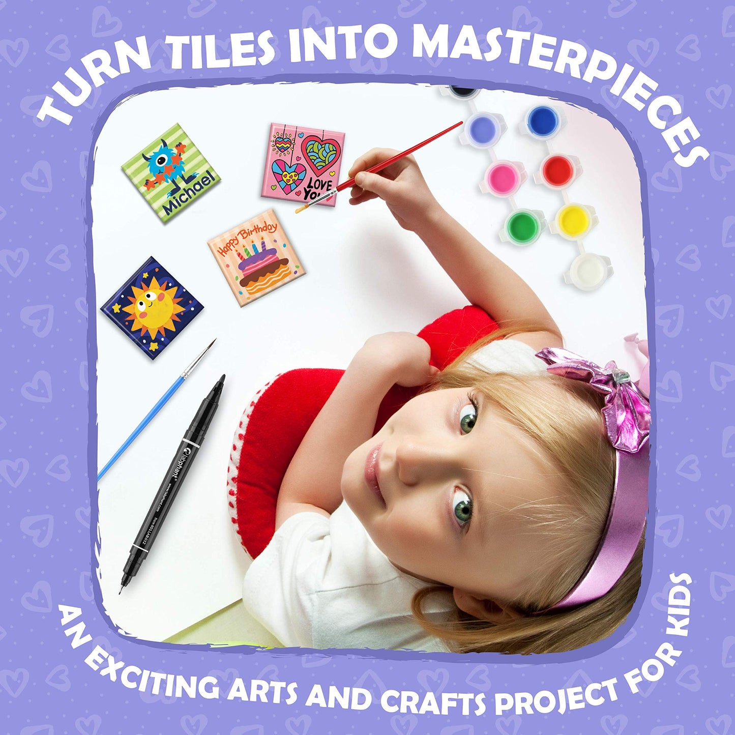 Magnetic Mini Tile Art - DIY Craft Kit; Design and Paint Magnet Tiles - Kids Paint Arts & Crafts Project; Includes 12 Tile Magnets, 8 Paint Colors, 2 Brushes and Marker; Fun Ceramic Tile Painting Kit