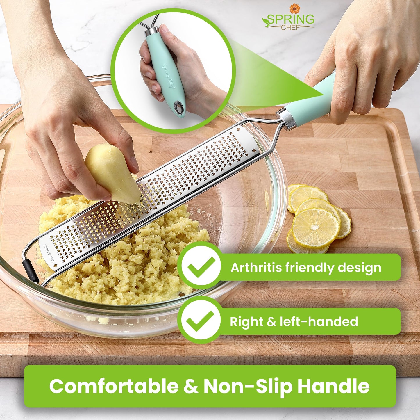 Spring Chef Stainless Steel Lemon Zester Grater with Handle - Garlic, Cheese, Parmesan, Nutmeg, Lime, Ginger Grater - Heavy Duty Kitchen Tool - Citrus Zester with Blade Cover - Fine Shred - Mint