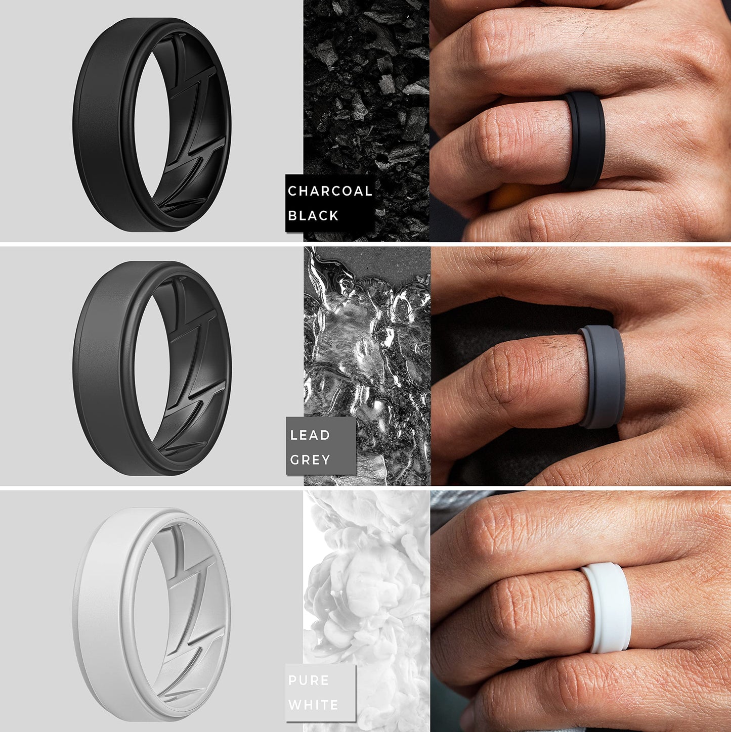 ThunderFit Silicone Wedding Rings for Men Breathable Airflow Inner Grooves, Step Edge Sleek Design Rubber Engagement Bands 8mm Wide 2mm Thick, Variety Multipack 1-7