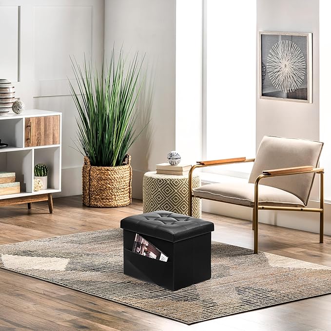 AmasSmile Storage Ottoman Folding Foot Rest Stool with Side Pocket, 16 inch Leather Footstool Bench, Short Ottoman Bench, Storage Foot Rest Store, Books, Black
