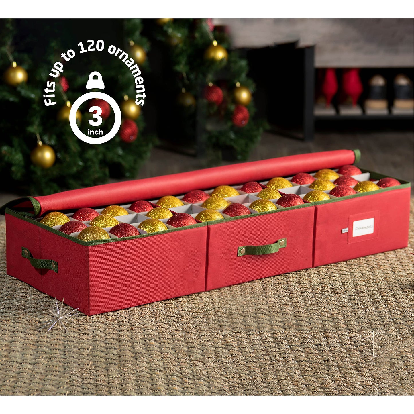 ZOBER Underbed Christmas Ornament Storage Box - Stores 120 3" Ornaments, With Dividers - Tear Proof 600D Oxford Fabric, Ornament Organizer Storage Box, Durable Christmas Containers Holder - Red