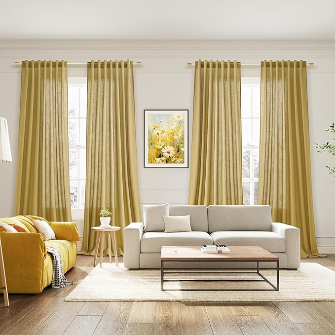 Nanspring Gold Linen Curtains 108 Inches Long for Living Room Bedroom 2 Panels Set Extra Long Back Tab Curtain Light Filtering Sheer Drapes Floor to Ceiling Curtain for Large Windows 52x108