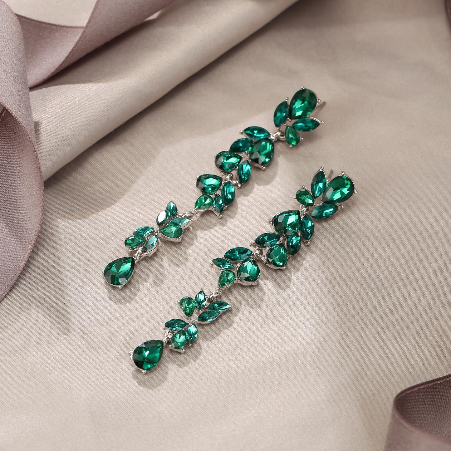 EVER FAITH Wedding Rhinestone Crystal Chandelier Dangle Earring for Women Brides, Art Deco Marquise Teardrop Bridal Long Drop Earrings for Prom Green Silver-Plated-Base