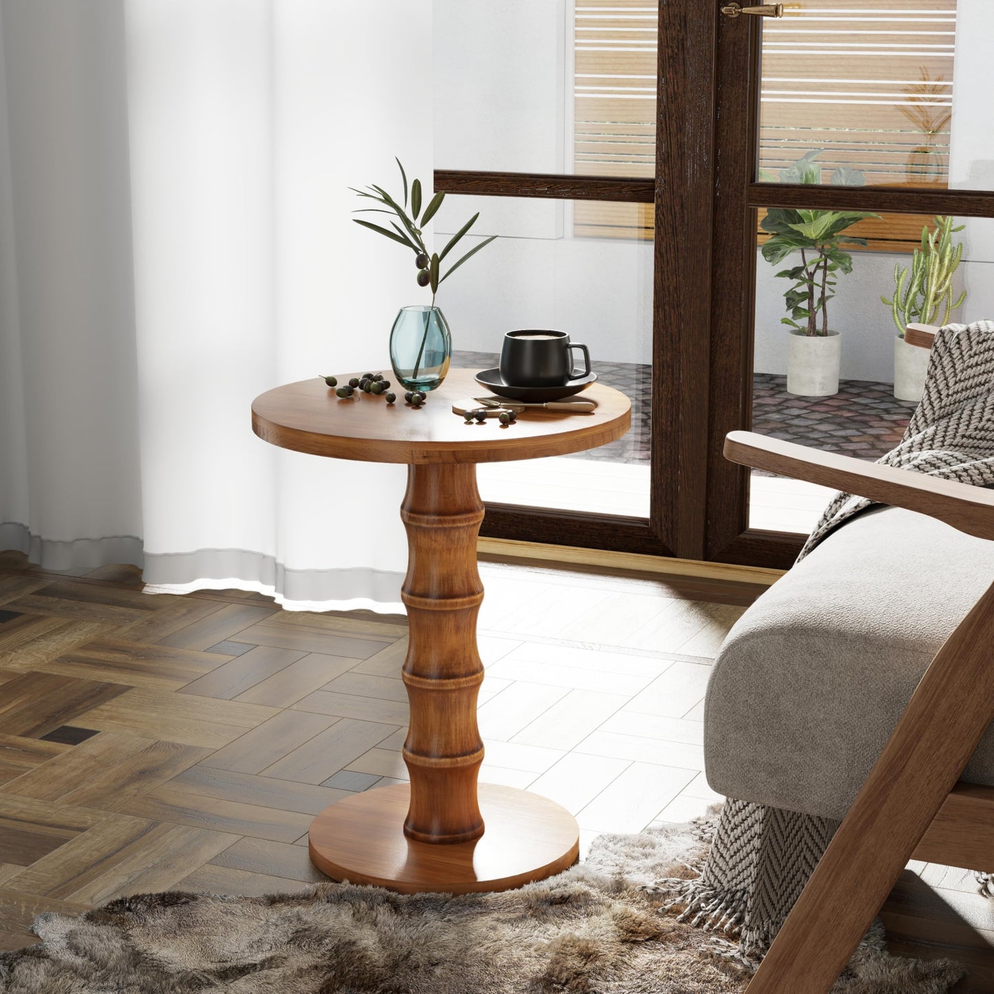 COZAYH Solid Cedar Pedestal End Table with Turned Wood Base, Round Wooden Side Table, Small Space Accent Table for Living Room or Entryway, Warm Natural