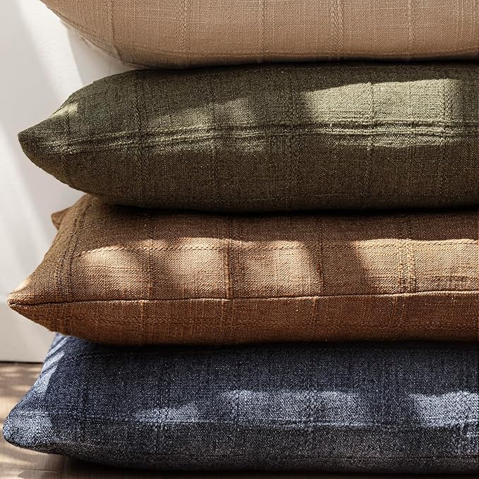 Foindtower Set of 2 Decorative Linen Check Throw Pillow Covers Neutral Farmhouse Vintage Cushion Covers Modern Boho Home Decor for Sofa Chair Couch Bedroom Living Room,26×26 Inch,Navy Blue
