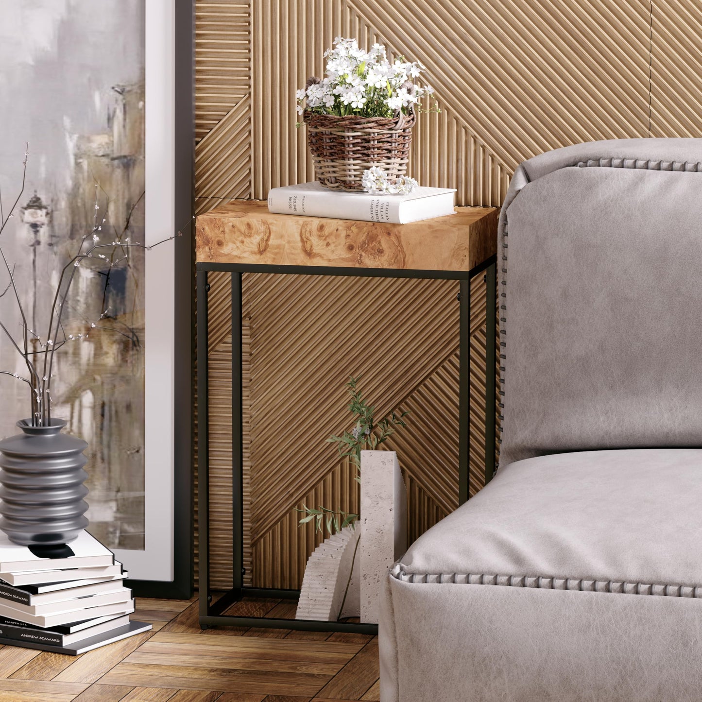 COZAYH Burl Finish Wood Top Tall End Table, Metal Frame Pedestal Display Stand Side Table for Plants, Lamps, or Home Décor, Living Room, Entryway, Office, Rectangular