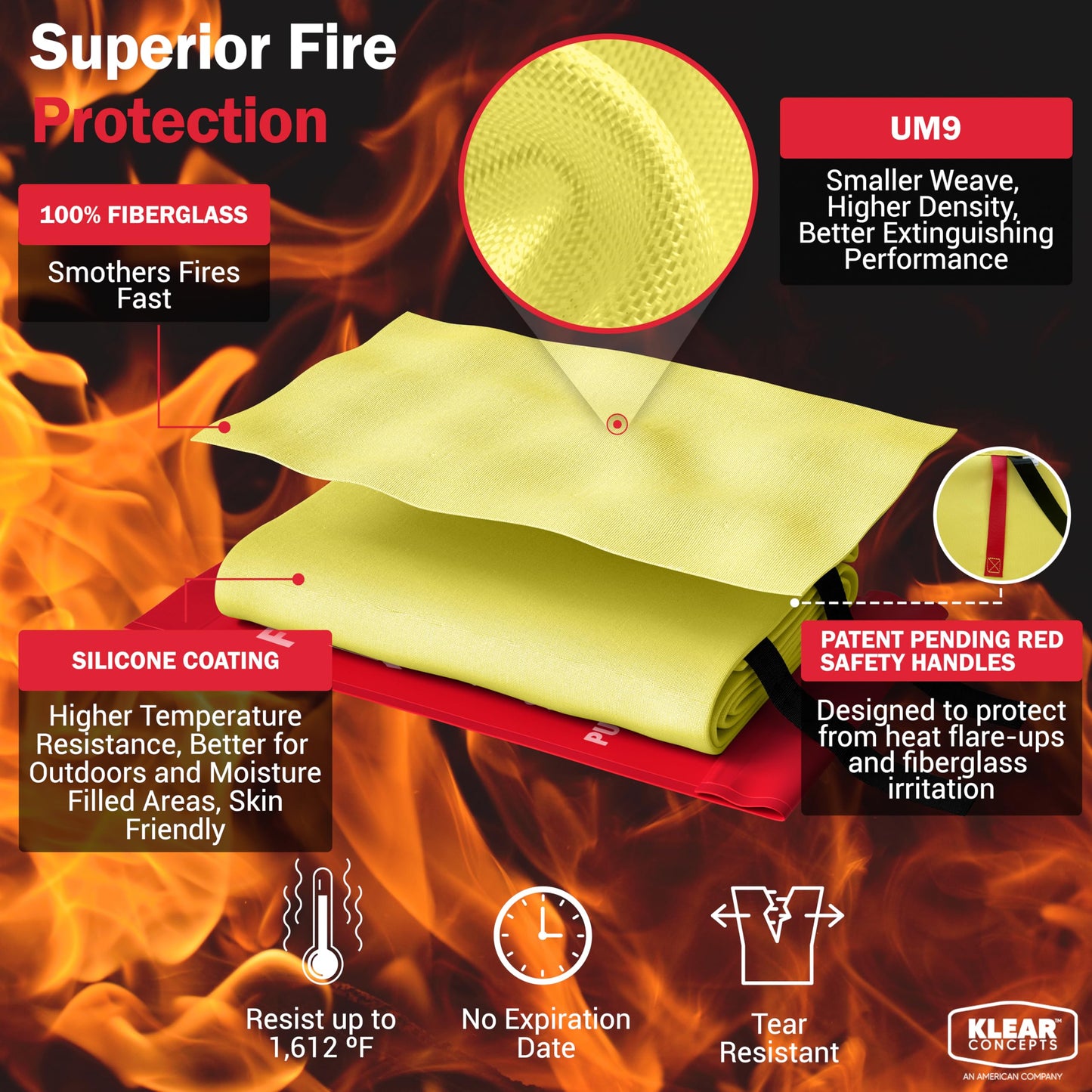 National Park Foundation Partner Emergency Silicone Fire Blanket with Safety Handles, 40"x40" Silicone Coated UM9 Fiberglass Fire Blanket, Home and Kitchen Fires, Camping Gear, Designed in USA(2Pk)