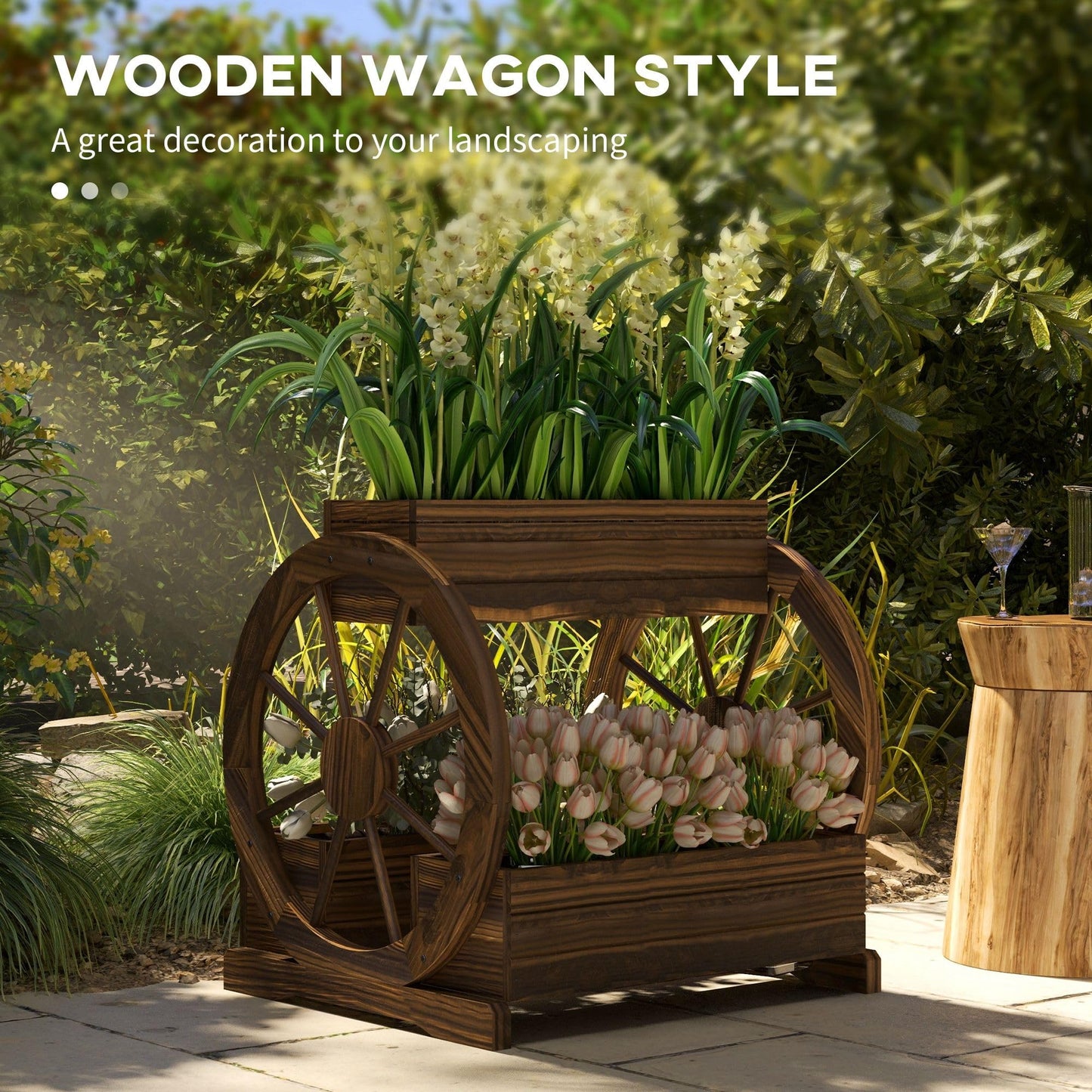 ZAVEROX 3-Tier Solid Wood Wagon Planter Box Raised Garden Bed Dimensions 25x21x24 Sturdy Exceptionally Durable Beige Brown Finish