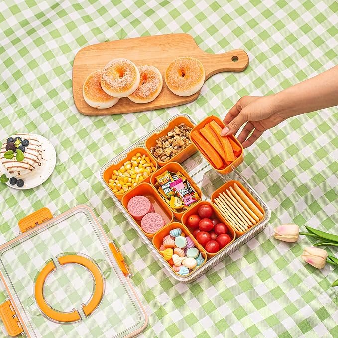 Patent Divided Serving Tray with Lid & Handle - Snackle Box Organizer for Charcuterie, Sandwiches, Veggies, Fruits, Candy - Portable Food Storage for Travel, Beach, Picnics（1 pcs, Orange）