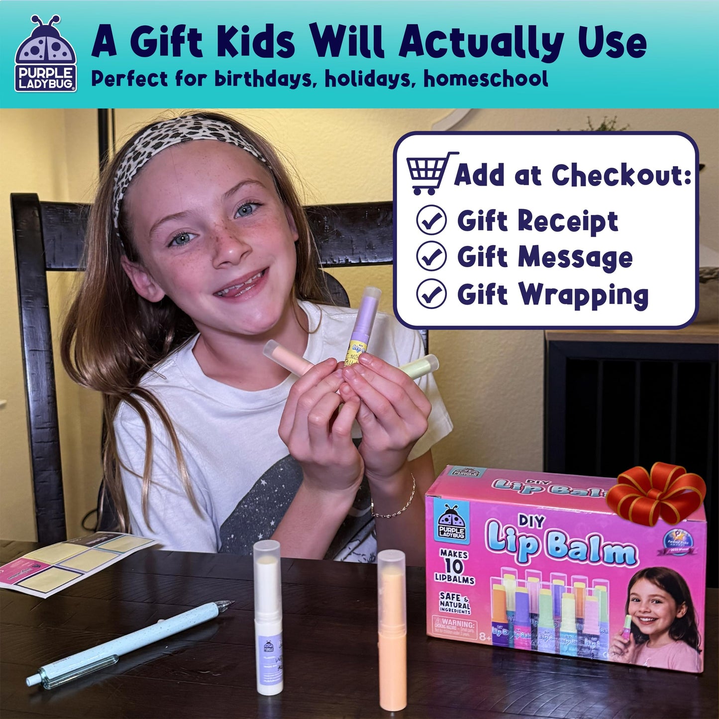 PURPLE LADYBUG DIY Lip Balm Making Kit - STEM Gifts for 10 Year Old Girl & Great 9 Year Old Girl Birthday Gifts - Science Kits for Kids Age 8-12, Make Your Own 10 Experiment Lip Balm with 3 Flavors