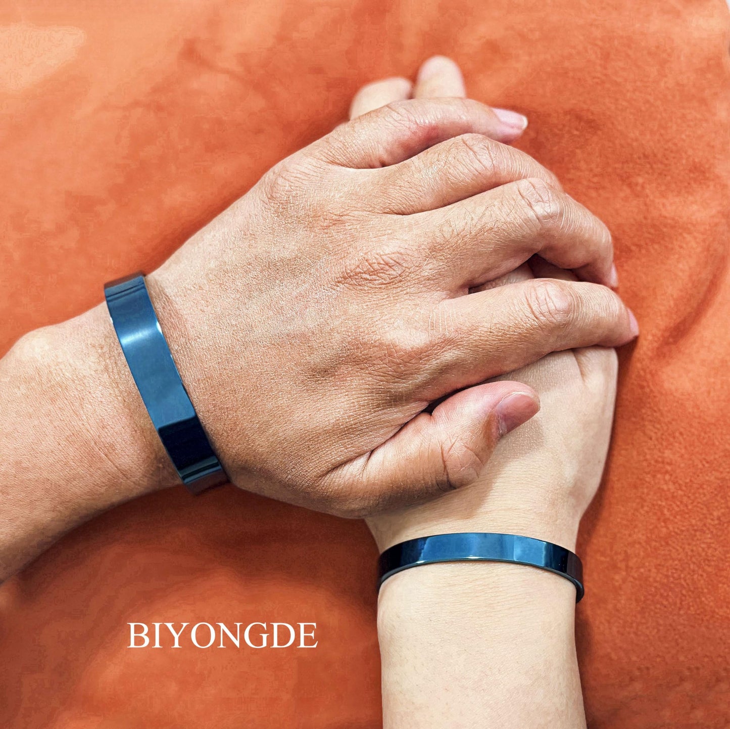 BIYONGDE 2 PCS Couples Blue cuff bracelet Solid Minimalist Stainless Steel Cuff Bangle Matching Bracelet designed for men women couples lovers