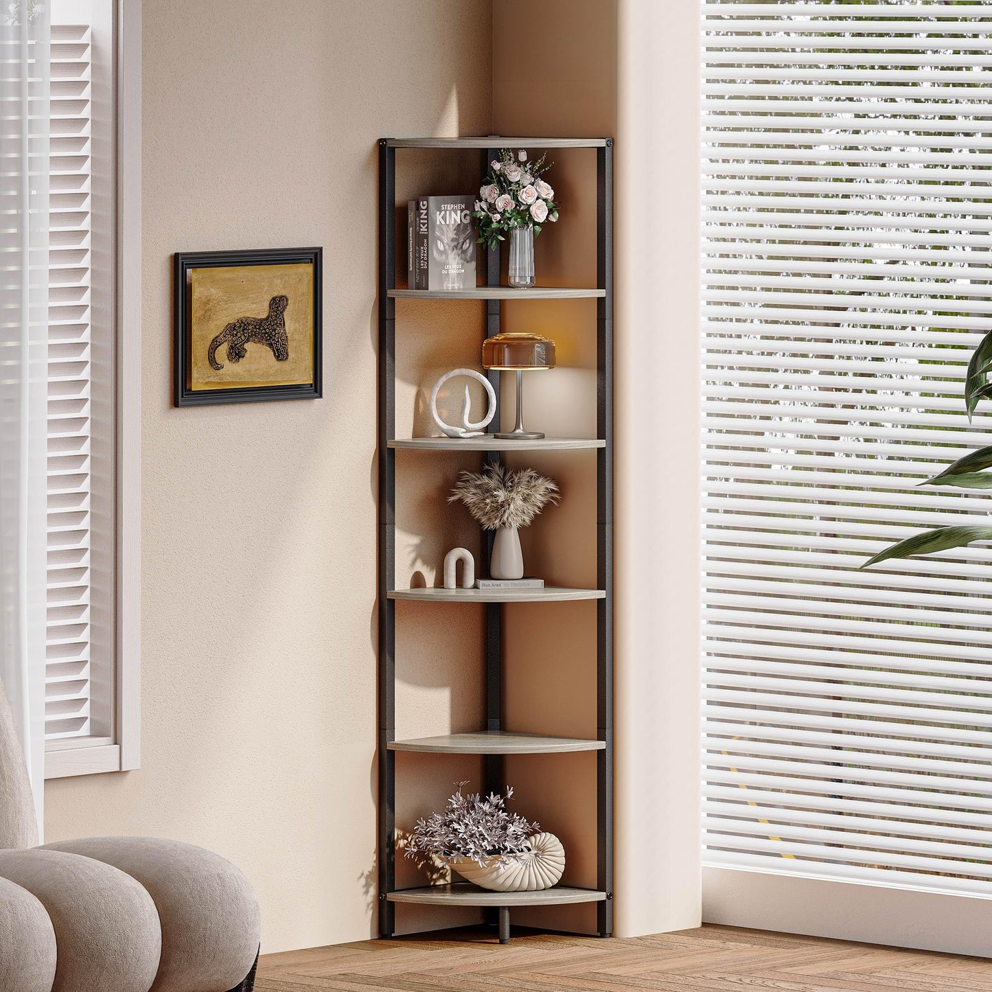 IRCPEN 6 Tier Corner Shelf 63.1" Tall Corner Shelves Stand Ladder Shelf Metal Standing Bookshelf Organizer Display Rack Bookcase Plant Stand Industrial Rustic for Living Room Bedroom Oak CS-001GR