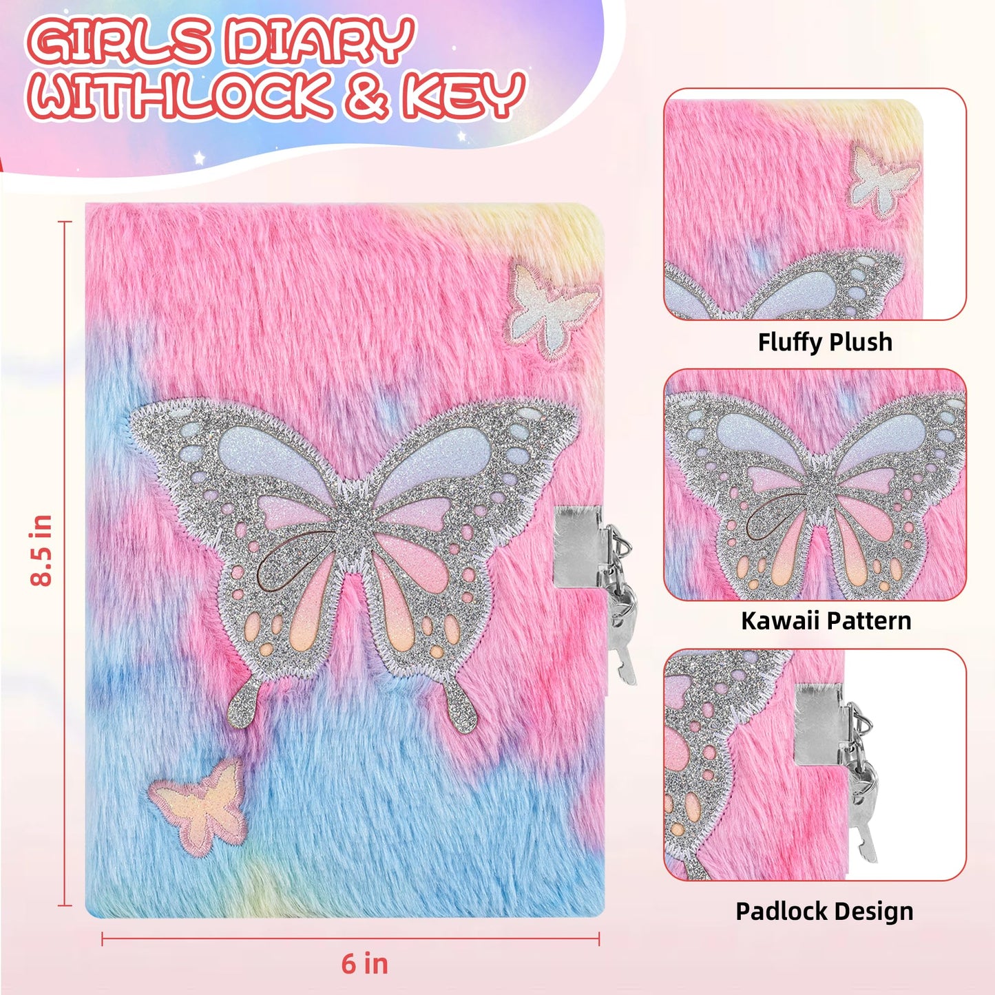 LiYiQ Plush Butterfly Diary Gift Travel Journal Secret Diary with Scrapbook Paper Stickers Journal Stencils Pompom Pen and Washi Tape Practical Set Gift for Birthday Christmas