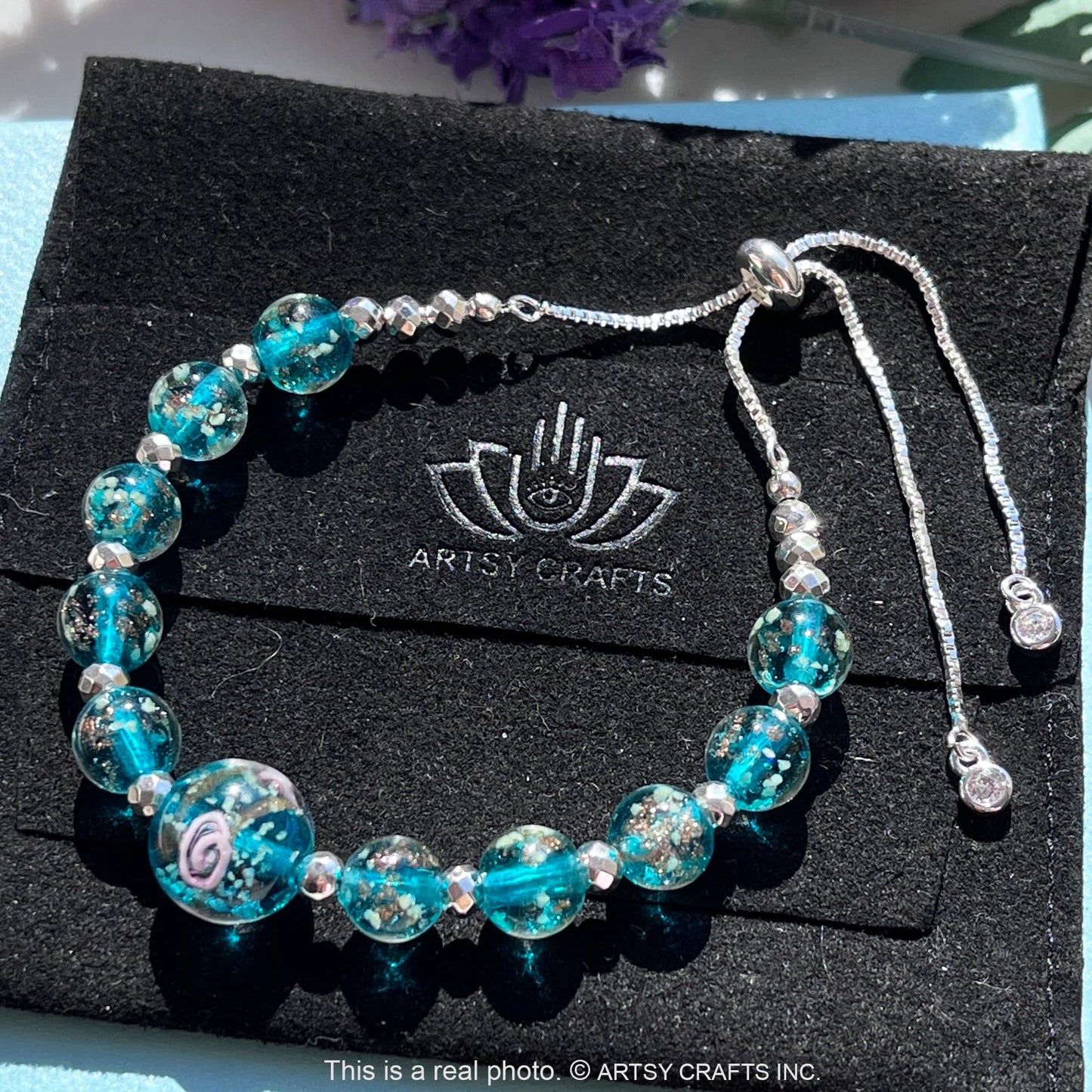 ARTSY CRAFTS INC Glow in The Dark Firefly Beads Bracelets Necklaces, Murano Glass Beads Crystal Birthstone Beaded Jewelry Adjustable Slider Chain (Bracelet-Teal)