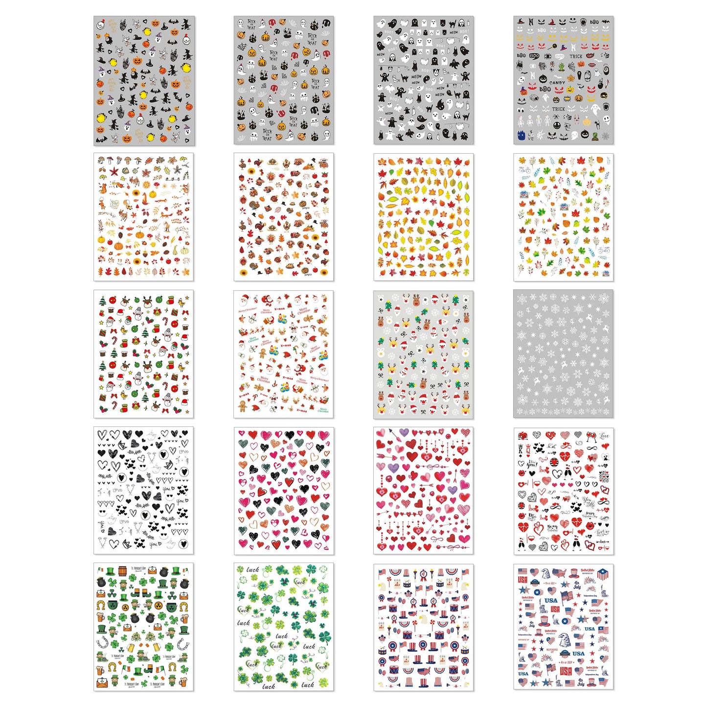 TailaiMei 20 Sheet All Holidays Nail Art Stickers, Mixed Seasons Variety Pack for Halloween Fall Christmas Valentine's Day Nail Decals, Self-Adhesive Design Year Round Assorted Nail Decorations