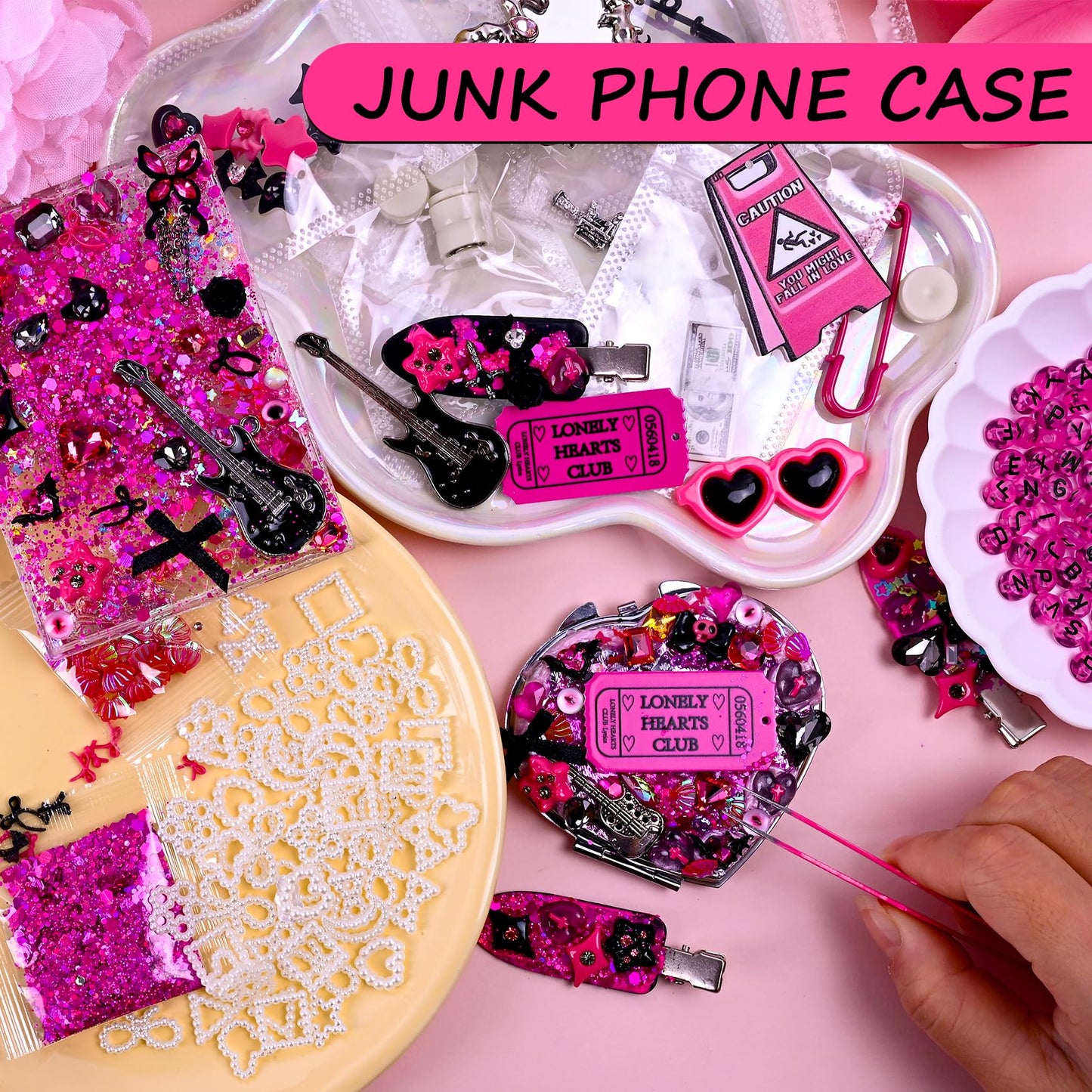 2867PCS+ Junk Phone Case Charms Kit,Pink Charm for DIY Phone Cases for Customizing DIY for Customizing Cases,Bow,Flatback Pearls,Nail,Rhinestones,Y2k Charms,Gift for Best Friend.