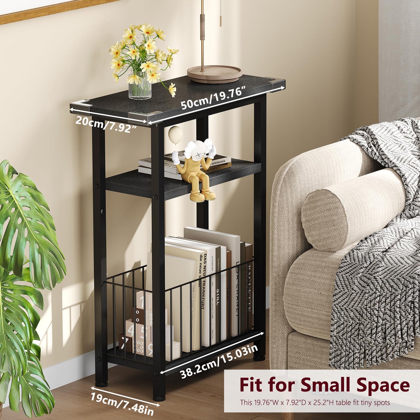 Heybly Small Narrow Side Table for Small Space, Thin Bedside Table with Storage Basket, Skinny End Table, 25.2" Tall Nightstand, Couch Table for Living Room, Bedroom, Study, Kitchen, Black, HET004BK1