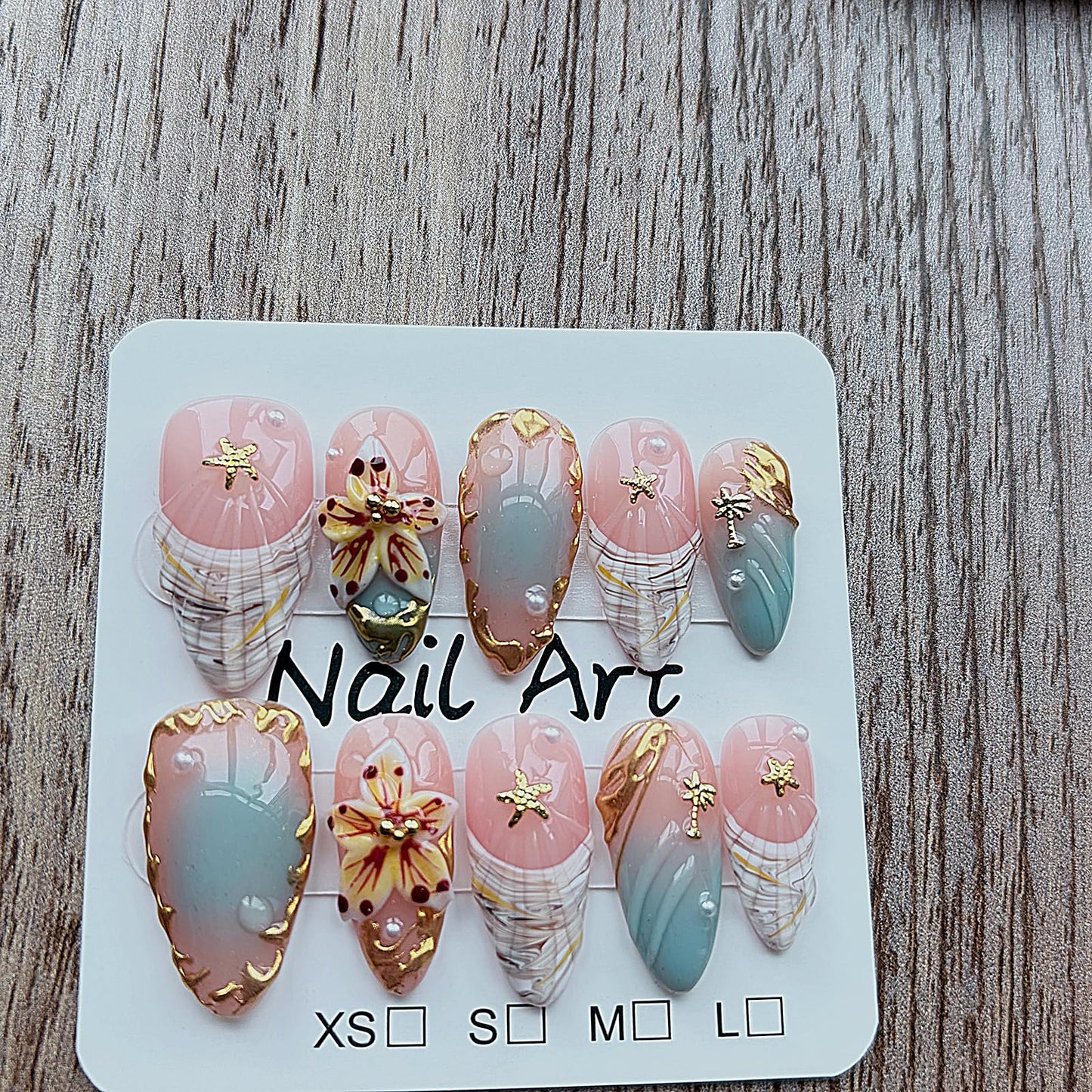 Threelegscat Press on Nails Medium Almond Nude Gradient 3D Flower & Starfish Handmade Reusable Fake Nails for Mother Gift & Daily Size M 10 PCS