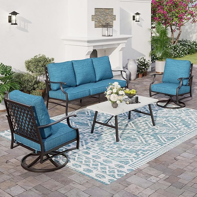 4 Piece Metal Outdoor Patio Furniture Set, Patio Conversation Sets 3-seater Sofa, 2 Swivel Chair with 5.75" Extra Thick Cushion and Coffee Table, Black Frame Backyard Furniture, Blue-2