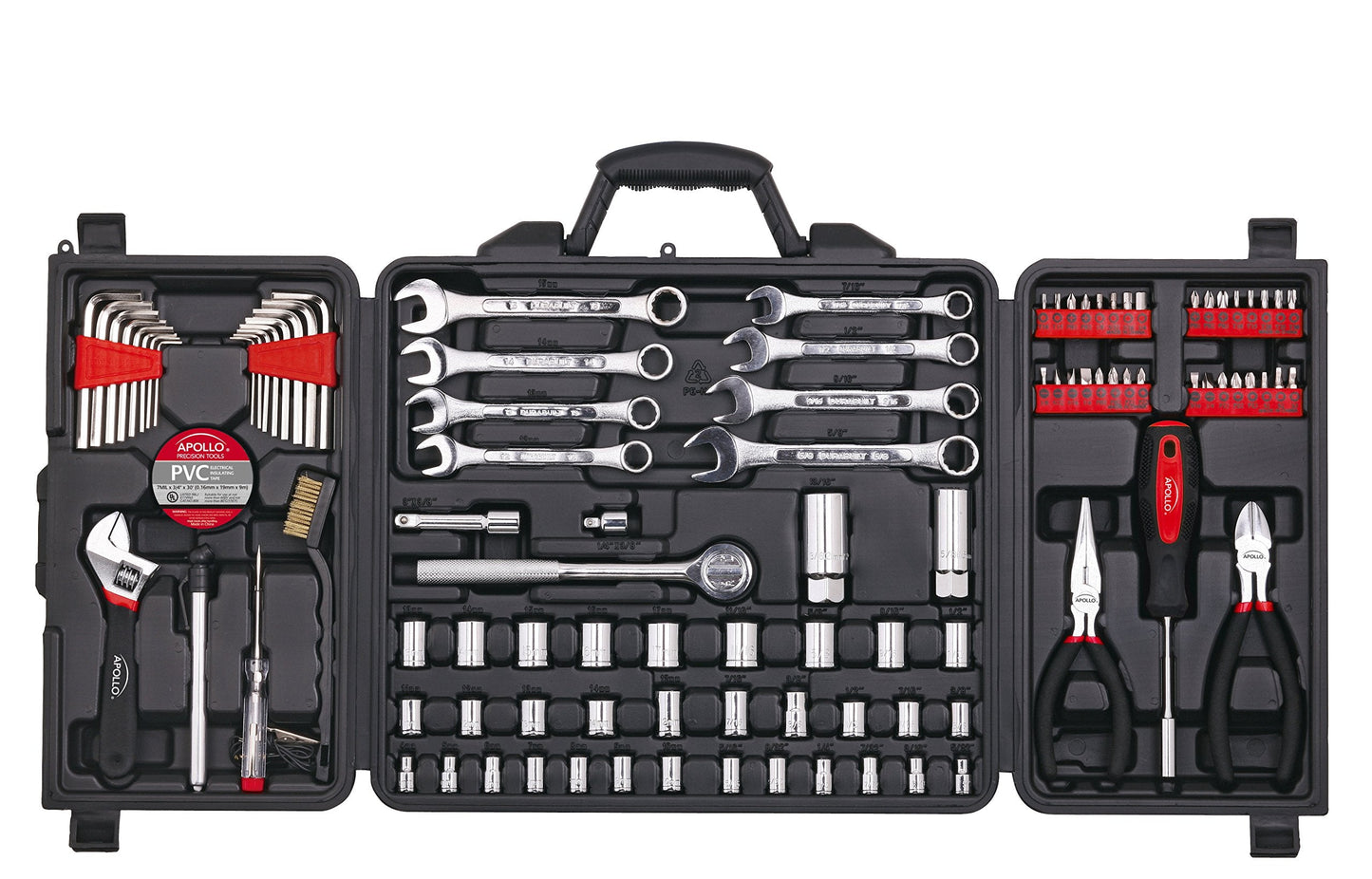 Apollo Tools 101 Piece Mechanic Tool Set for Roadside Emergencies. SAE and Metric for Mechanical Repairs for Boating, RV, Bikes, in Compact Carrying Case - Red - DT0006