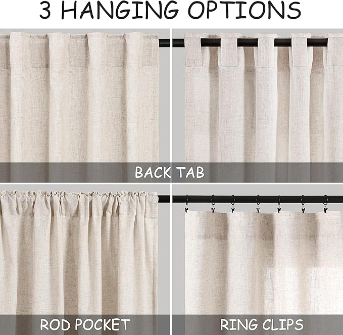 Extra Long Curtain 102 inches Long 2 Panels Set Back Tab Beige Drapes for Living Room Neutral Farmhouse Light Filtering Semi Sheer Linen Curtains 102 inch Length for Large Window Tan 9 FT Tall