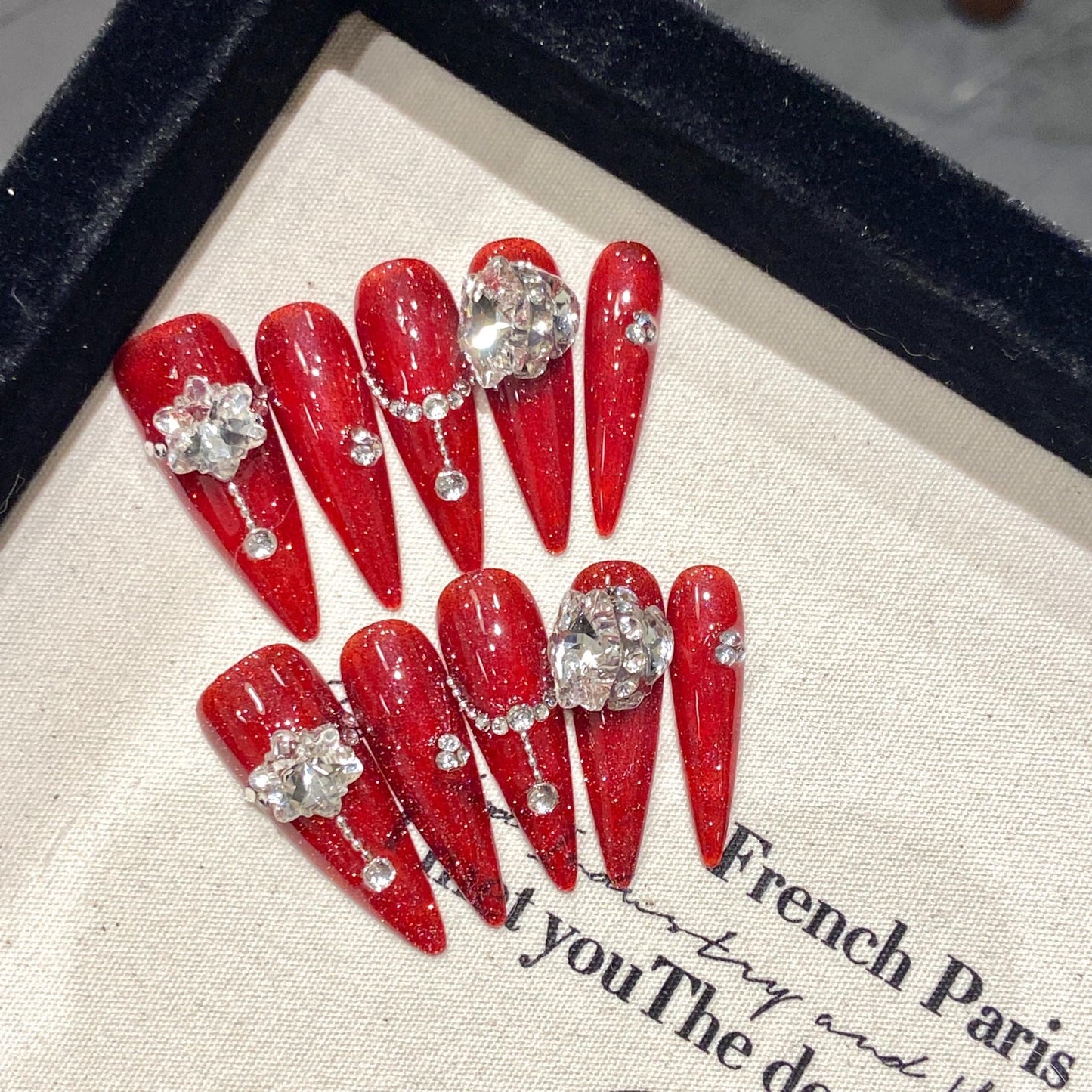 JIEADJIE Press On Nails (100% Handmade),Length Version,Handmade Painted Nail Art by Nail Technician,Luxury Party and Holiday Styles (Red Diamond, Medium)