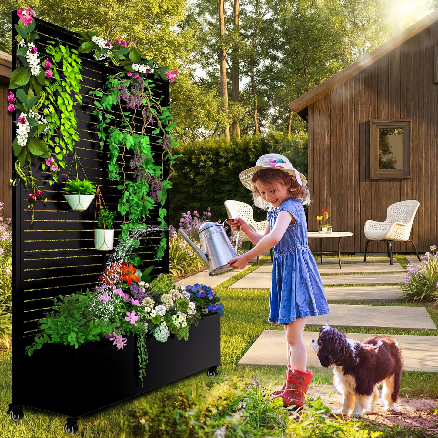 MTART Metal Planter Box with Trellis, 72.1"x47.2"x16" Outdoor Galvanized Raised Garden Bed with Privacy Screen & Drainage Holes & Lockable Casters for Climbing Plants, Vegetable (Louvered-Black1)
