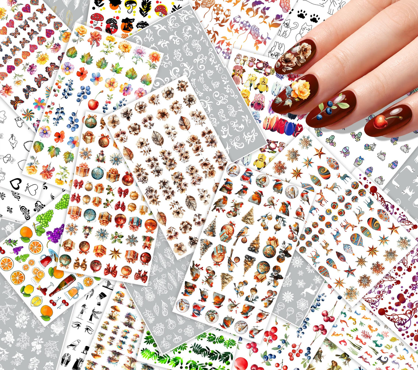 30 Sheets Nail Stickers Collection ~ Classic Christmas Charm ~ Ornaments Holly Snowflakes Gifts Winter Florals and Festive Motifs in Rich Detailed Style Creating Elegant Holiday Manicure Decals