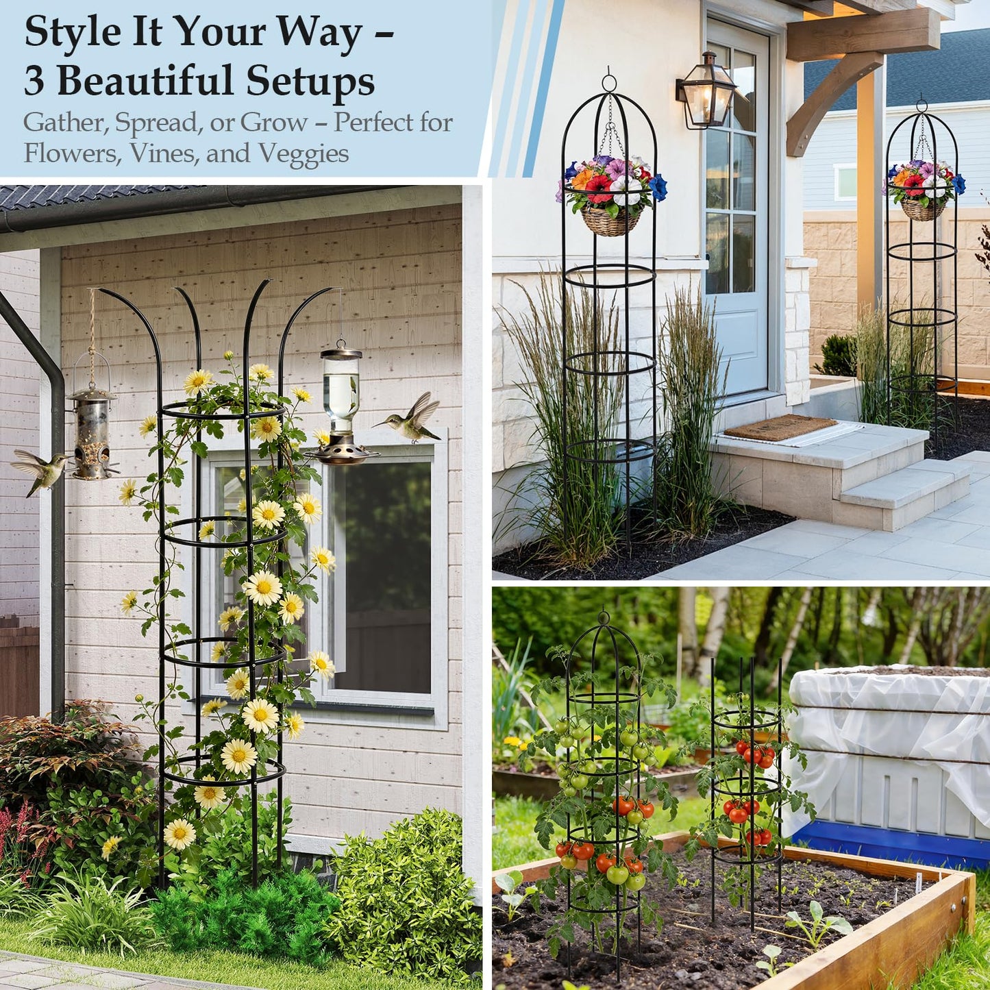 DEVISEFUN 100% Metal 6.6ft Obelisk Trellis for Climbing Plants Outdoor 2PK, Garden Tower Trellis for Potted Plants Indoor with Twist Tie and Butterflies, Plant Support for Clematis Tomato Cucumber