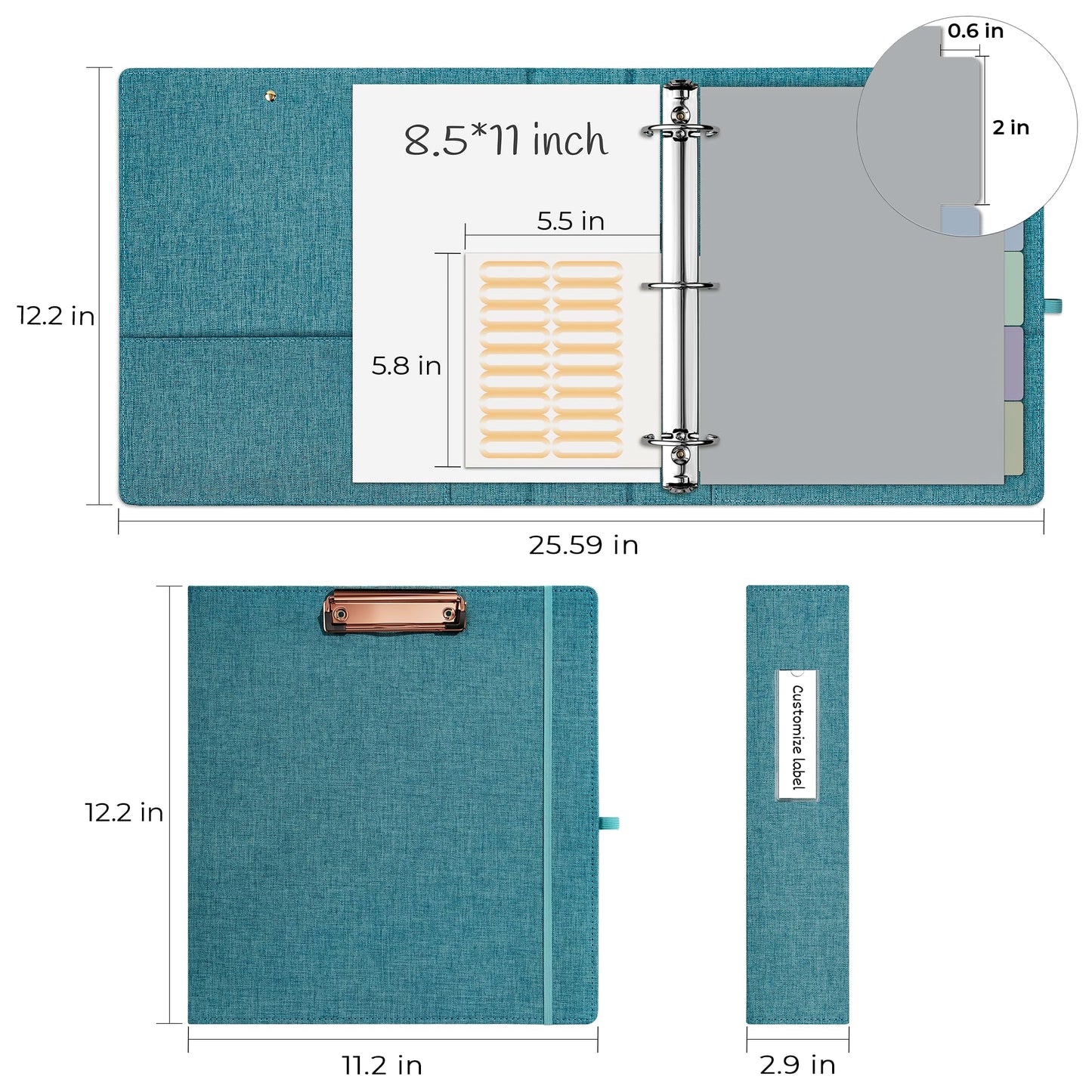 EYROZILL 3 Ring Binder 2 Inch, Binder for Letter Size (11" x 8.5") with 5 Tab Dividers, File Folder Labels and Low Profile Clipboards, Aqua Blue