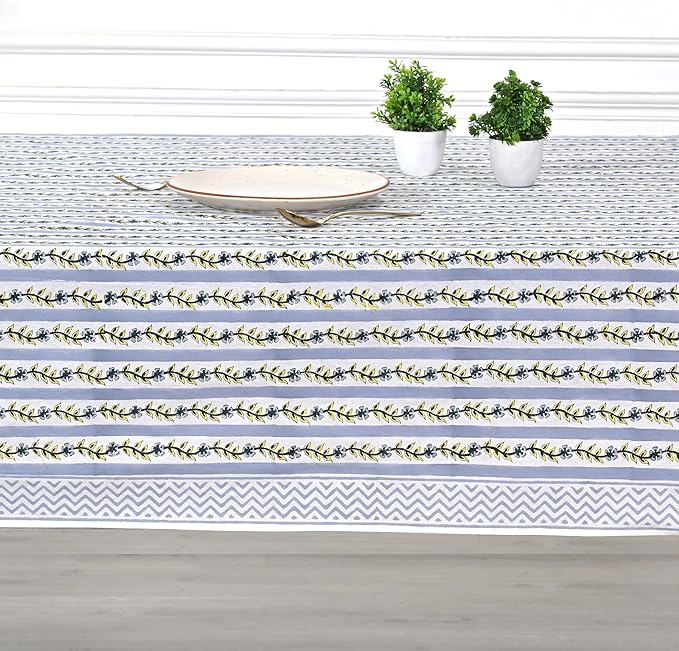 Ridhi Hand Block Print Dolphin Gray Rectangle Cotton Tablecloth 108" x 60" Reusable Table Cover Decorative Everyday Use for Dining, Farmhouse, Home Gift for Spring, Easter, Valentine