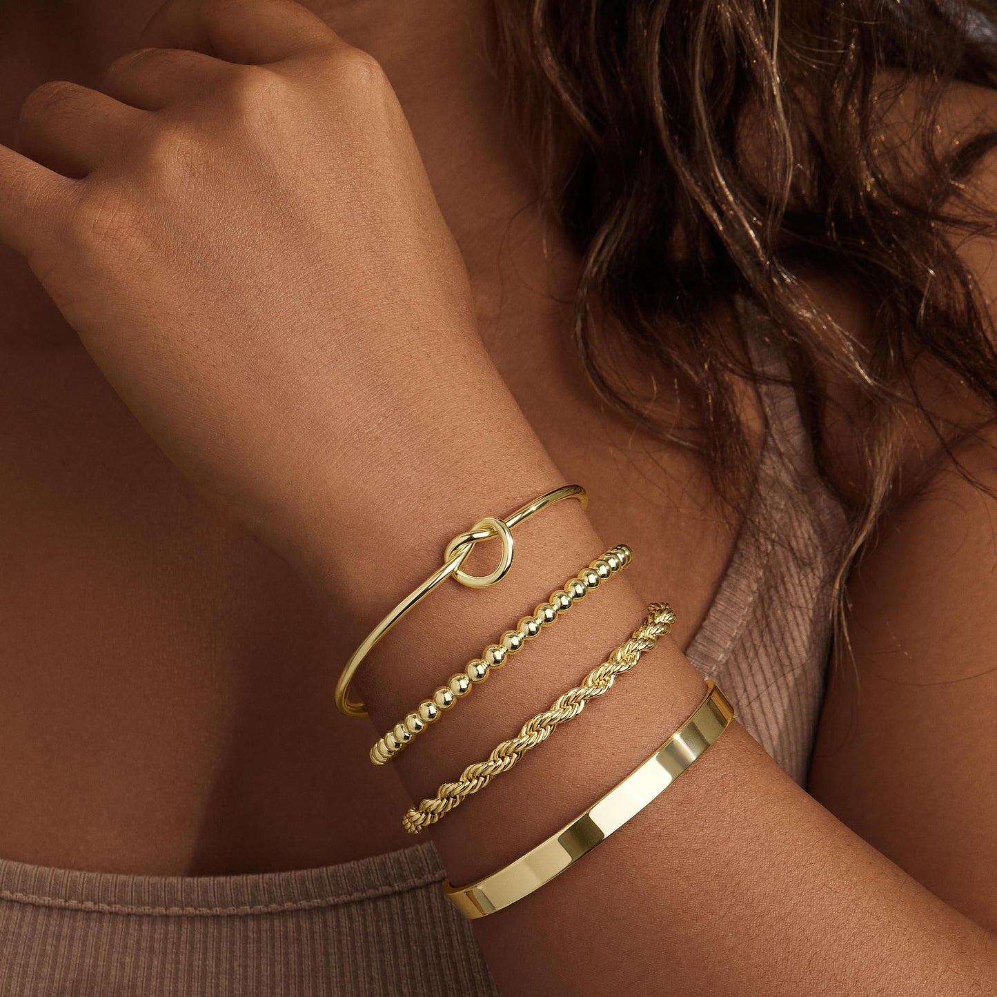 Gold Cuff Bracelets Stack for Women, 14K Real Gold Plated Bangle Link Chain Bracelets, Trendy Waterproof Jewelry Gifts Adjustable