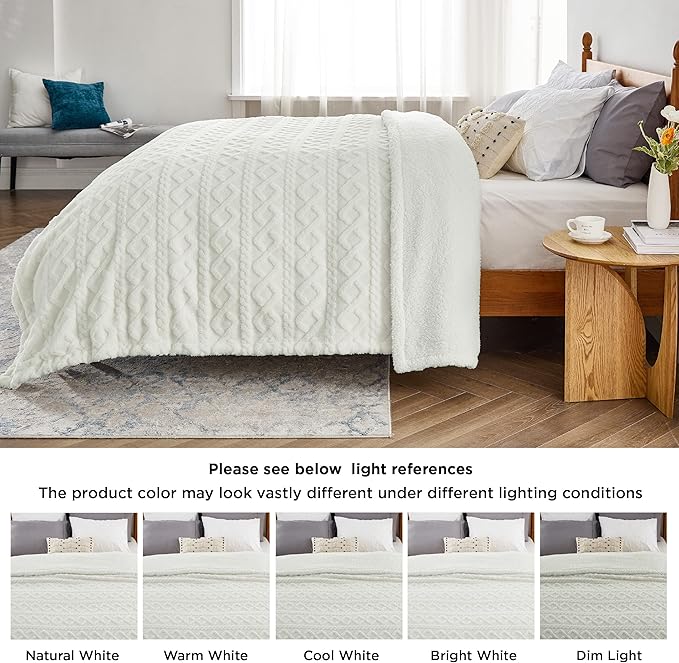 Bedsure Sherpa Fleece Throw Blanket for Couch - GentleSoft Fluffy & Cozy Cable Jacquard Tufted Throw for Women Gift, Thick and Warm Blankets for Winter, Cream, 50x60 Inches