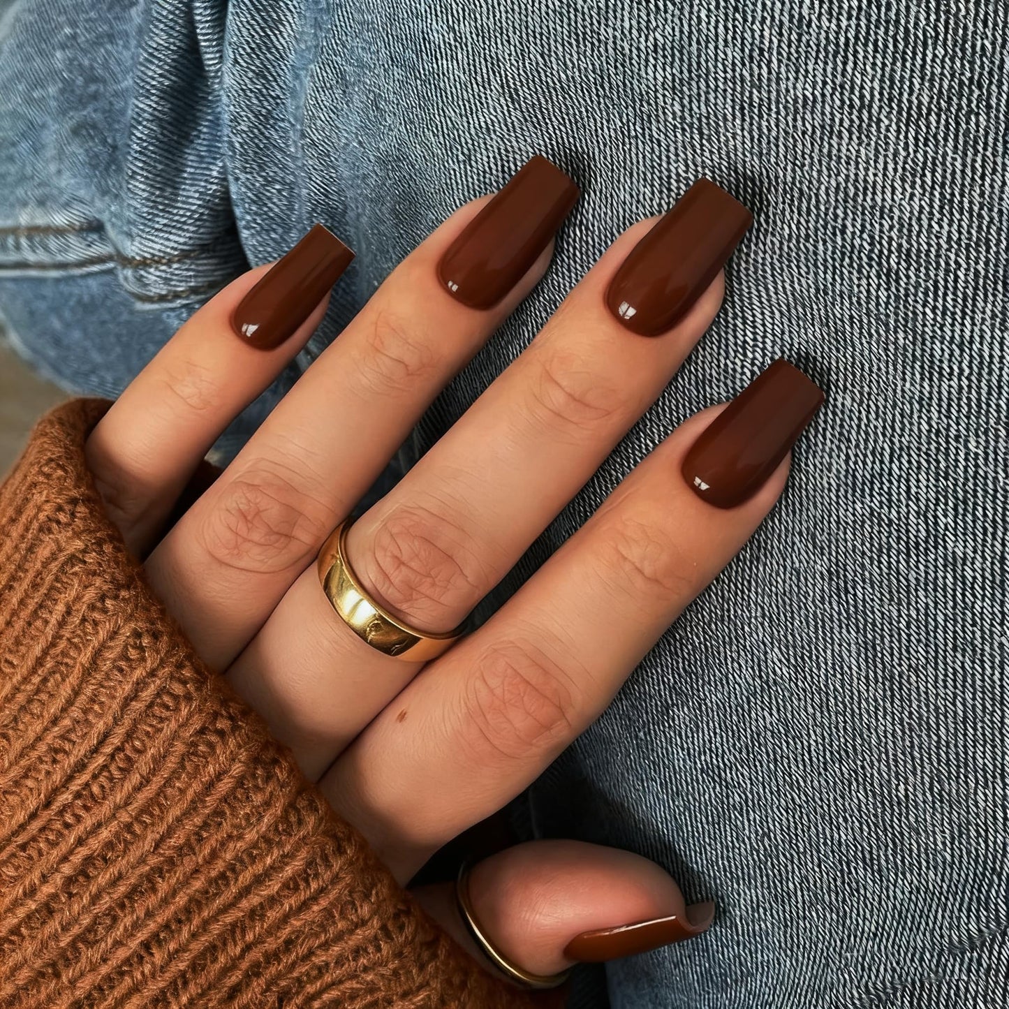KQueenest Fall Press on Nails Long Medium Square, Dark Brown Fake Nails Medium Coffin, Glossy Sheer Coffee Brown Acrylic Nails Press ons, Reusable Soft Gel Glue on Nails for Women DIY Manicure