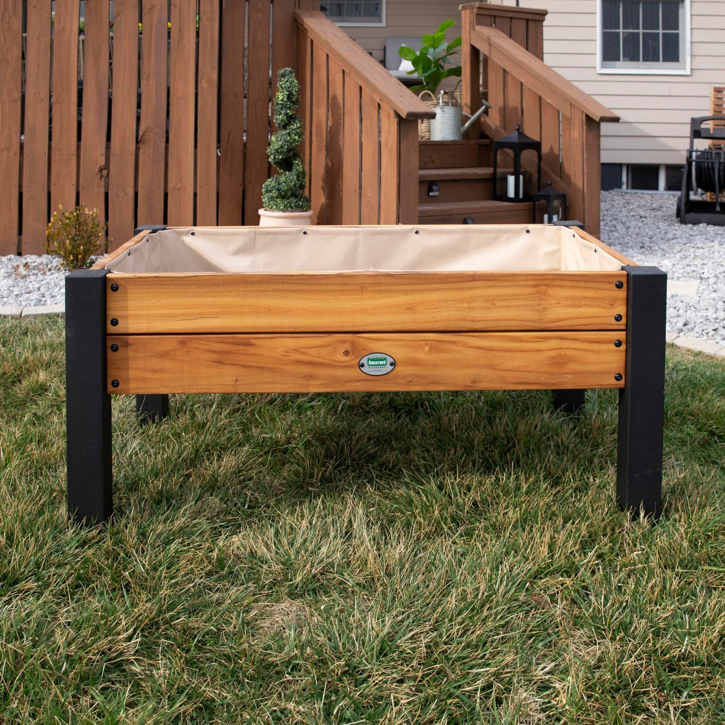 Backyard Discovery 48" Teak Wood Raised Garden Bed Planter Box with Galvanized Steel Legs, Mesh Liner for Outdoor Gardening, Patio, Balcony, Deck, Porch