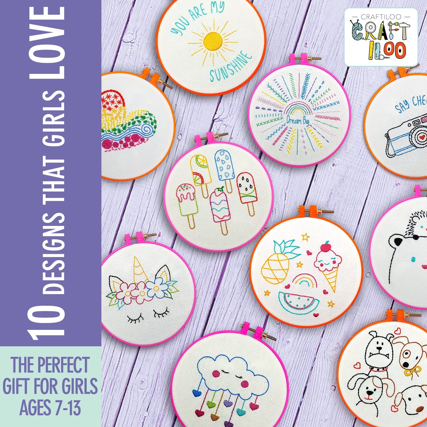 10 Pre-Stamped Embroidery Patterns for Beginners Embroidery Kit for Kids Girls Needlepoint Kits for Beginners Cross Stitch Craft Sewing Perfect for Ages 7-13