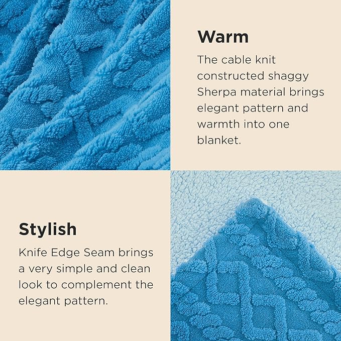 Bedsure Sherpa King Size Blanket for Bed- GentleSoft Fleece Fluffy & Cozy Cable Jacquard Tufted for Women Gift, Thick and Warm Blankets for Winter, Horizon Blue, 108x90 Inches