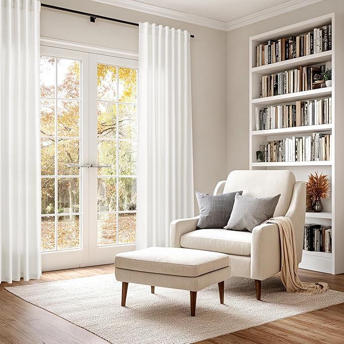 Nanspring Extra Long Beige White Curtains 108 Inch Length 2 Panels Set for Living Room Linen Semi Sheer Curtains Coastal Room Decor Floor to Ceiling Curtain for Bedroom Large Window 70x108