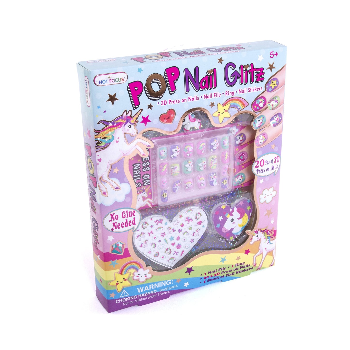 Hot Focus Unicorn Nail Art Kit - 3D Press On Nails, Stickers, File & Ring - 65 Piece Set for Girls 5+