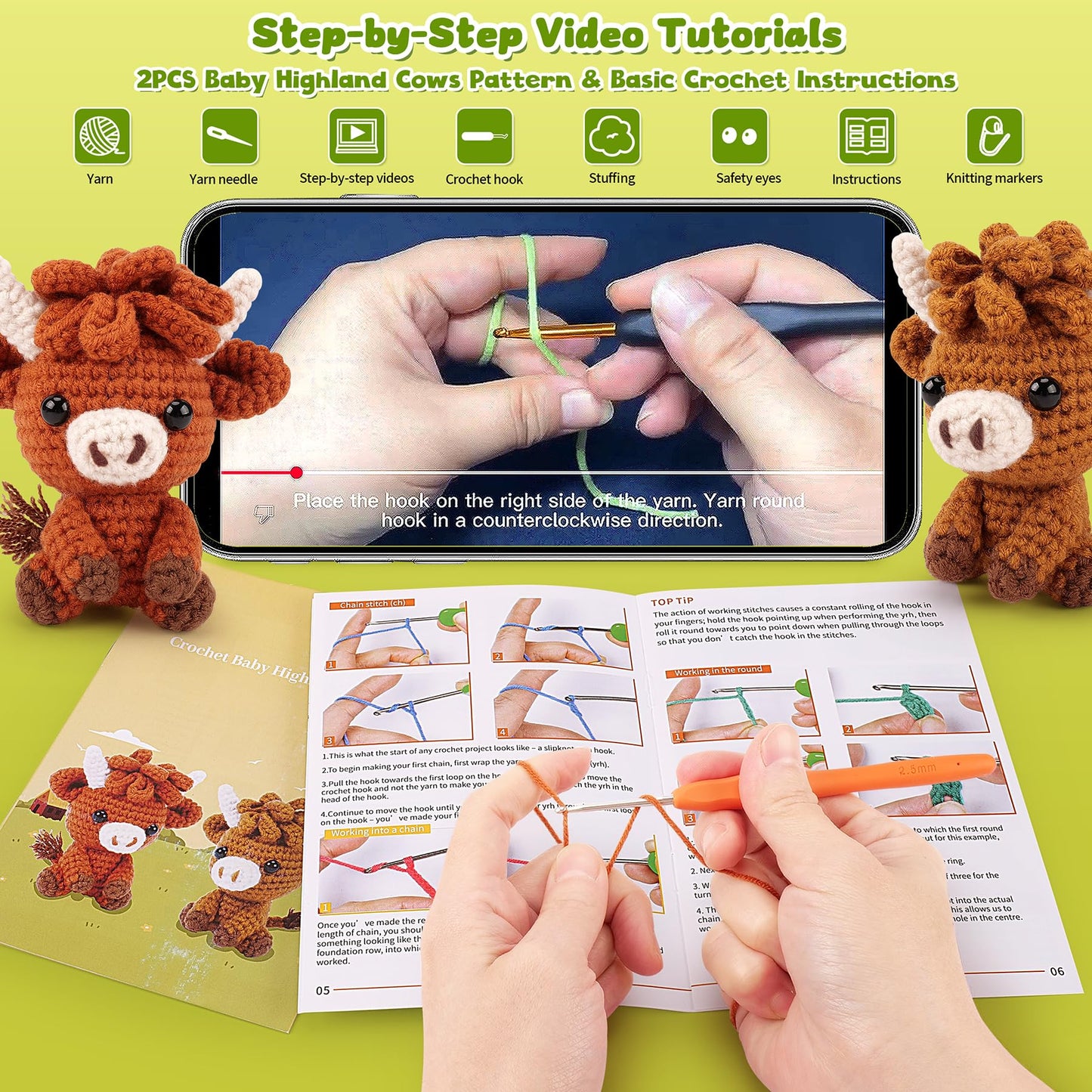 Highland Cow Crochet Kit for Beginners - 2PCS Animals Crochet Kit with Step-by-Step Video Tutorials, Highland Cows Crocheting Kit, Crochet Starter Kit for Adults, Animal Knitting Kit for Birthday
