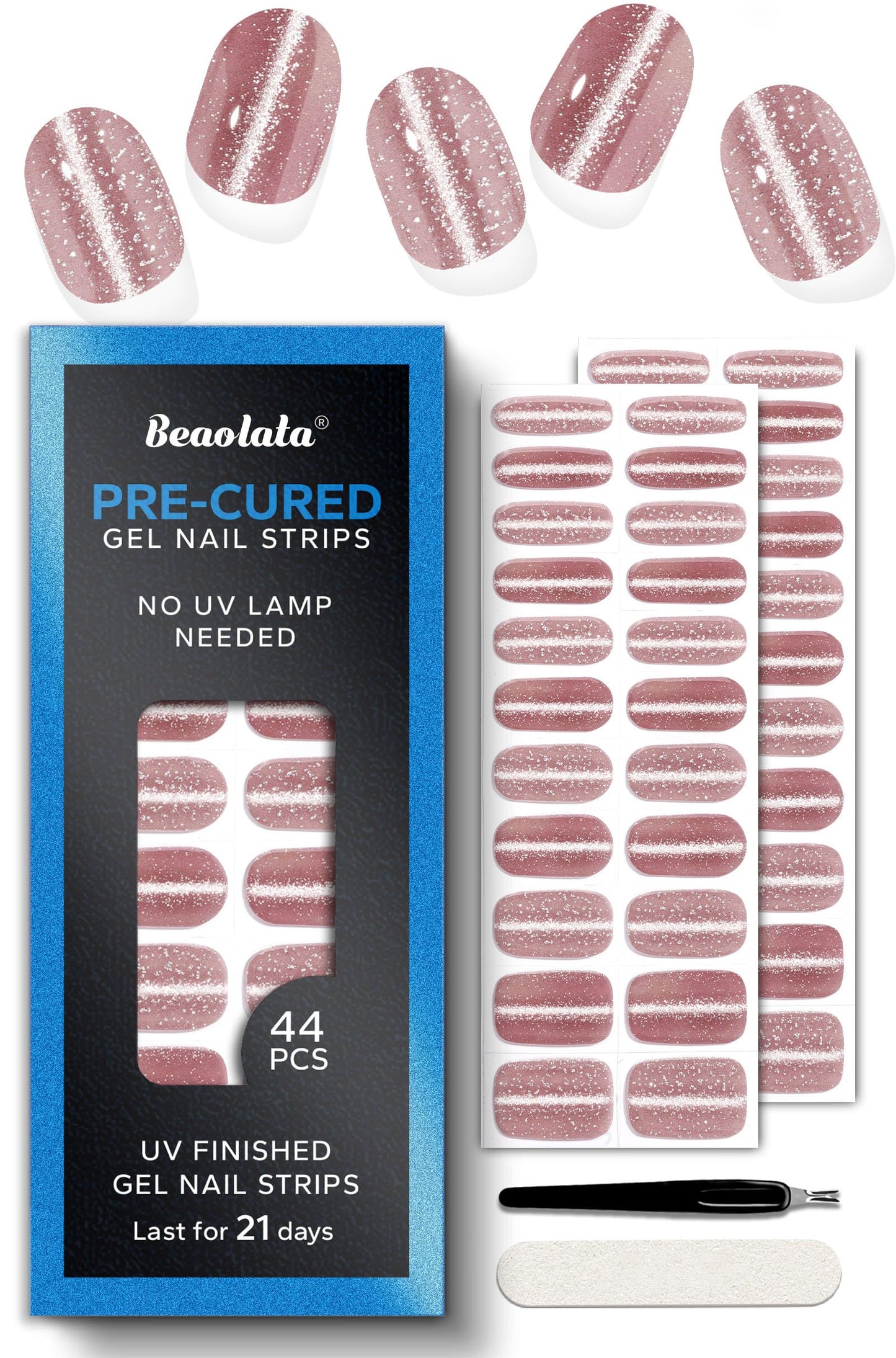 Beaolata Real Gel Nail Strips (No UV Light Needed) - 44Pcs Salon Quality Nail Stickers - Long Lasting Polish Wraps for Women, Easy Apply & Remove (Starry Pink Sky