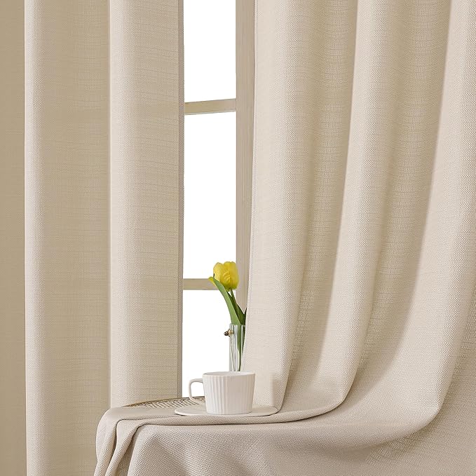Chyhomenyc Kitchen Curtains 24 Inch Length, Light Filtering Faux Linen Textured Short Window Curtain for Bathroom Basement, Small Curtains for Cabinet Stall, Each 30x24 Inch, 2 PCS, Linen Color