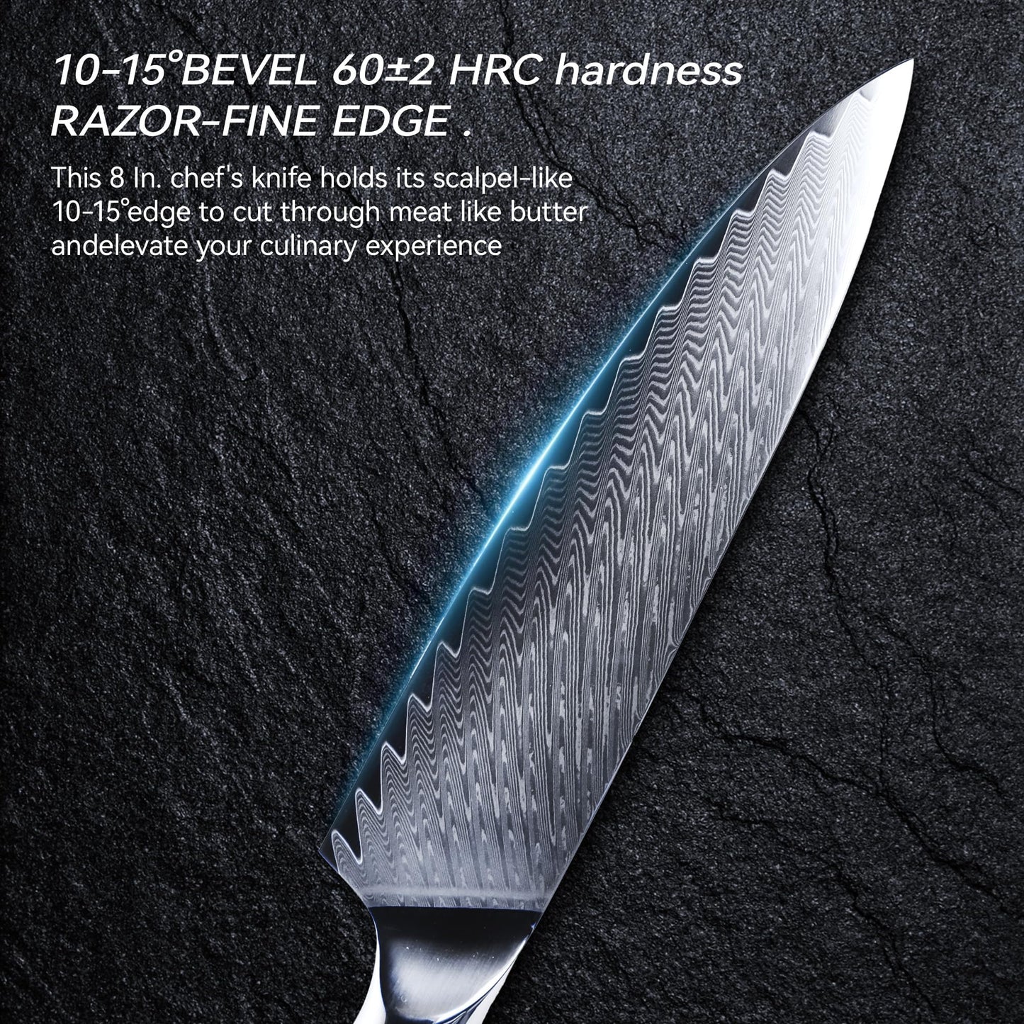 hoforife Chef's Knife, Japanese Damascus Chefs Knife 67 Layers High Carbon VG10 Steel Core with Wooden Ergonomic Handle, Gift Box (8In, Blue Resin)