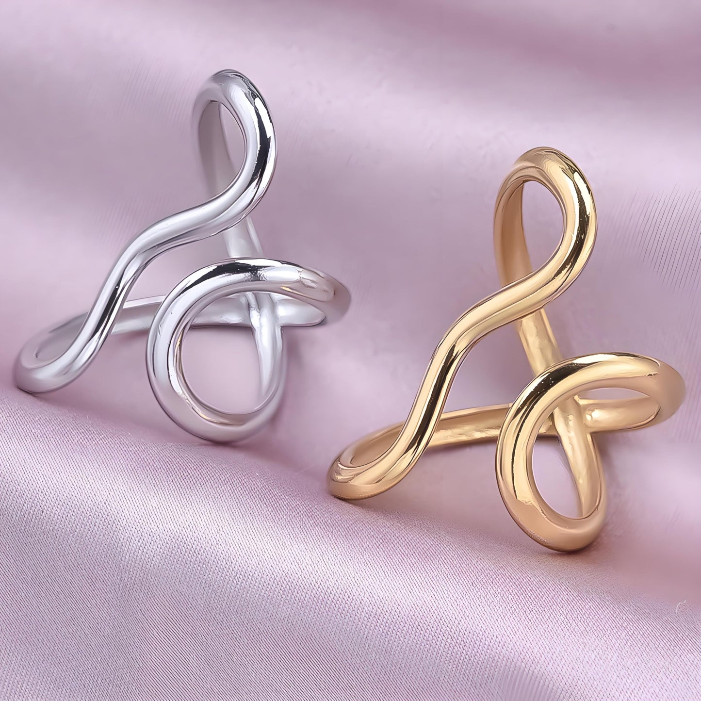 AIETUE Chunky Rings For Women, Gold Silver Thumb Ring Asymmetrical Wavy Curve Ring Adjustable Non Tarnish Dainty Stainless Steel New Year Anniversary Birthday Jewelry Gift (Wavy Silver 2Pcs)