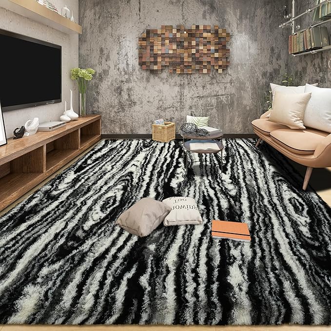 Tepook Fluffy Large Rugs for Living Room, Shag Area Rug 6x9 Soft Carpet for Bedroom, Modern Shaggy Rug for Kids Boys Girls, Plush Indoor Nursery Home Decor Rug with Non-Slip Bottom, Black White