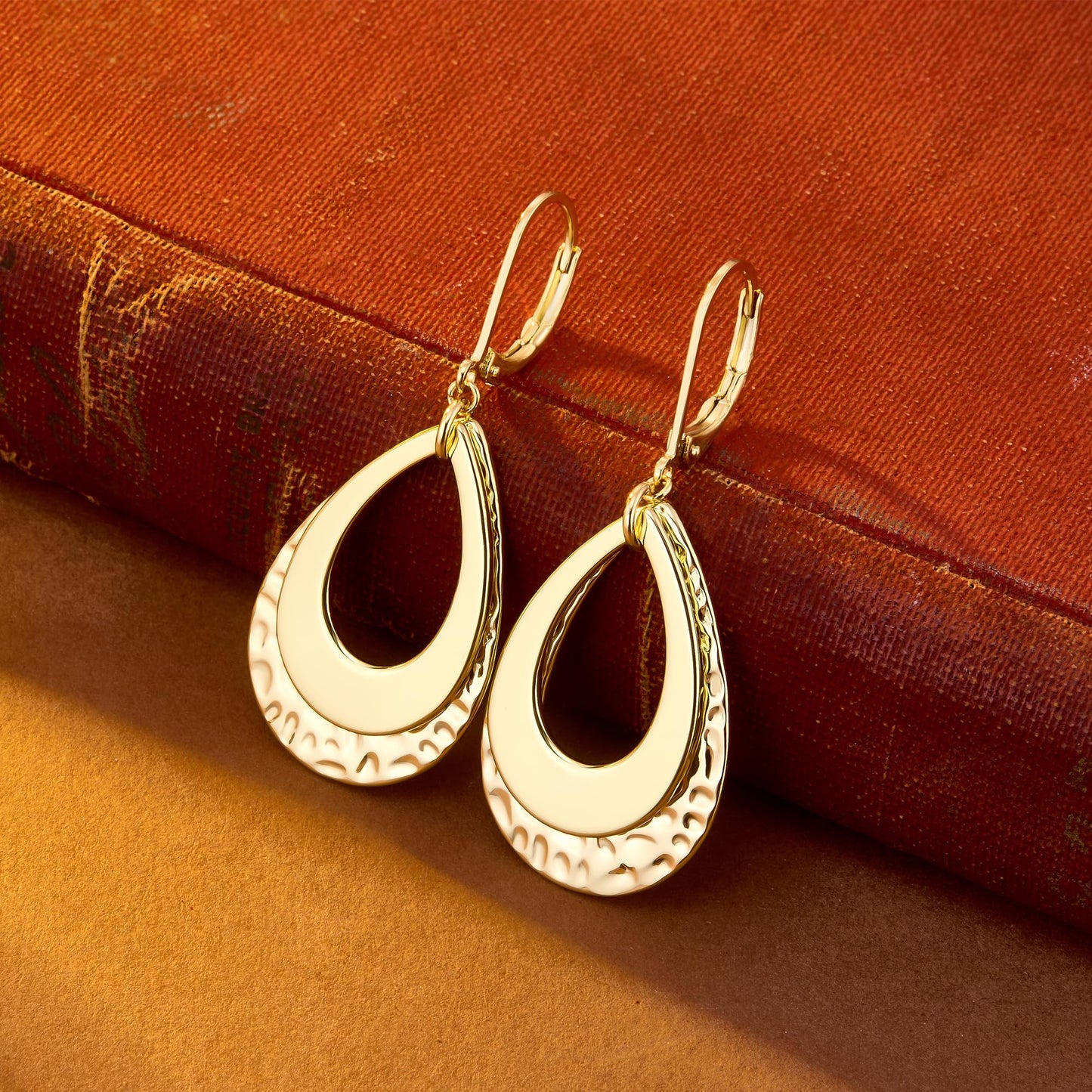 14K Gold Teardrop Dangle Earrings for Women Gold Layer Leverback Hammered Dangle Earrings Jewelry Hypoallergenic Waterdrop Leverback Dangle Earring for Gifts