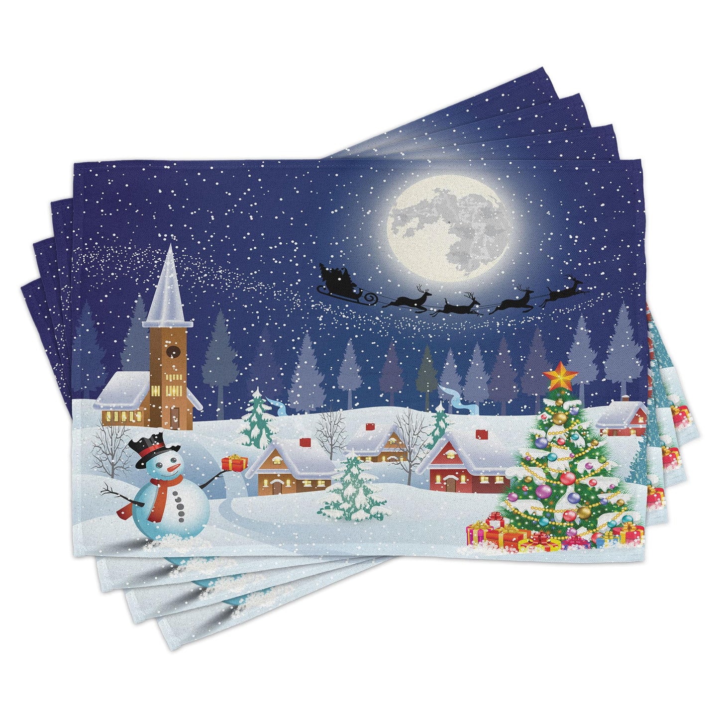 Ambesonne Christmas Place Mats Set of 8, Winter Season Snowman Xmas Tree Santa Sleigh Moon Present Boxes Snow and Stars, Washable Fabric Placemats for Dining Table, Placemat 8 pcs, White Blue