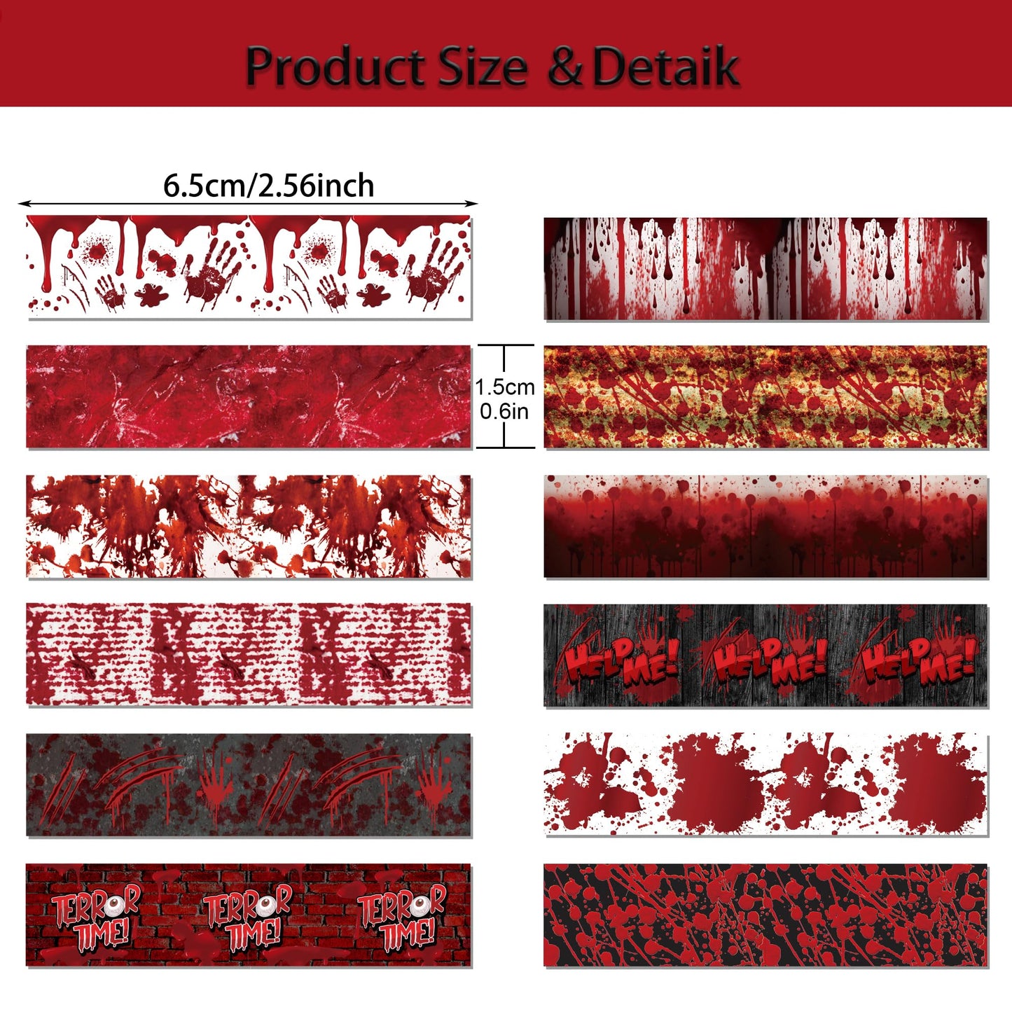 GLKTOPO 12 Rolls Halloween Washi Tape Bloody Pattern Spooky Bloodstain Skull Masking Tapes for Theme Scrapbook Journal DIY Decorative Craft Gift Wrapping - 12 Style - 16.4Ft