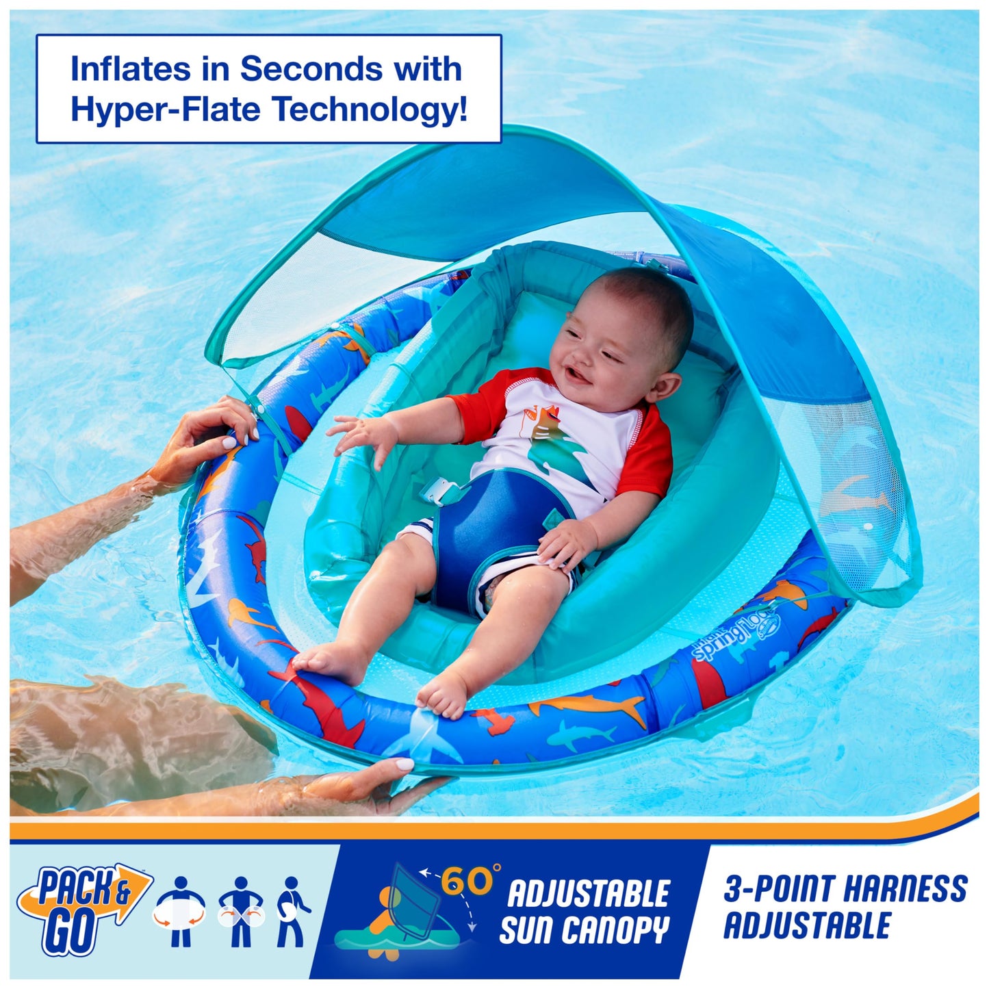SwimWays Infant Spring Float, Baby Pool Float with Canopy, Swimming Pool Accessories for Kids 3-9 Months, Shark