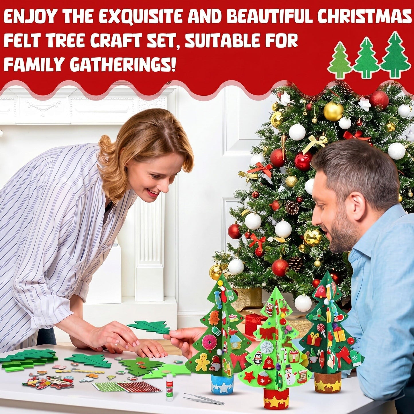 Moucuny 408 Pcs Christmas Tree DIY Craft Kits 3D Christmas Tree Felt Sets Xmas Felt Decorations with Elk Gingerbread Man Penguin Snowman Candy Wreath Stickers for Party Favors Activities